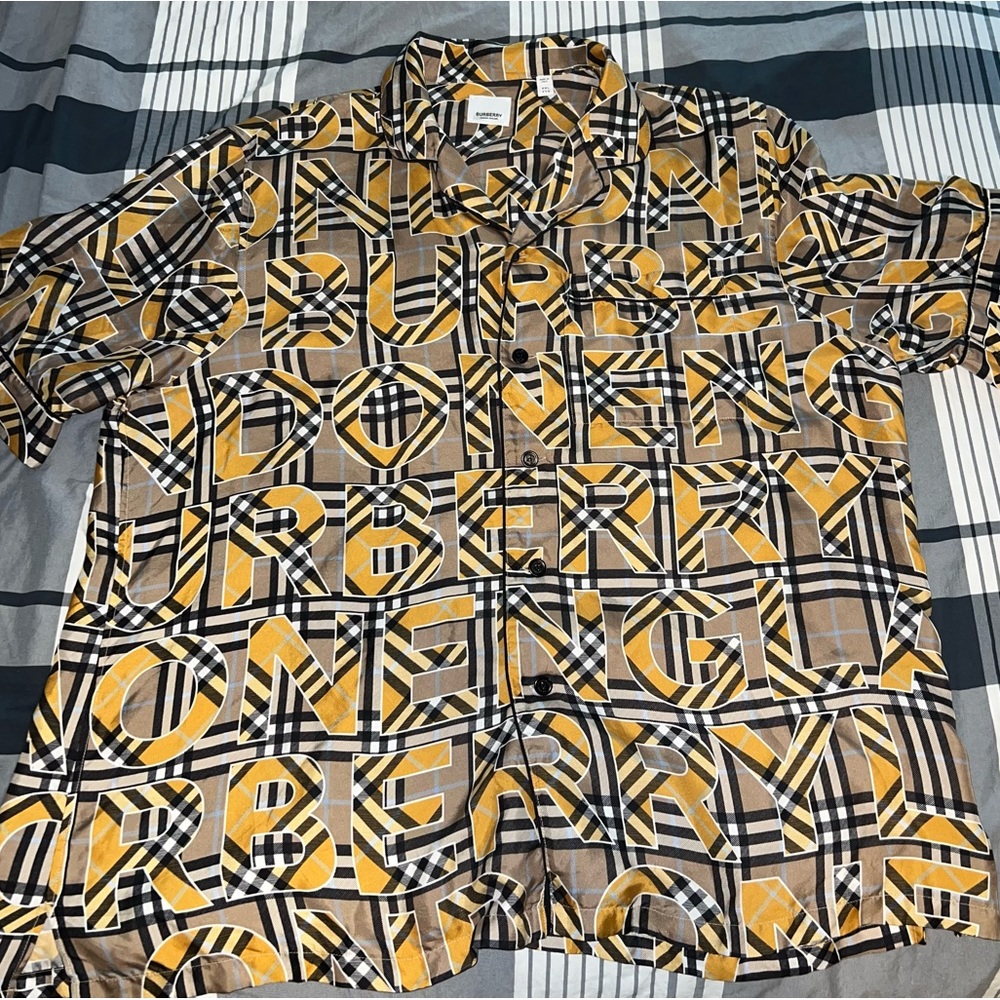 Burberry button up yellow silk logo